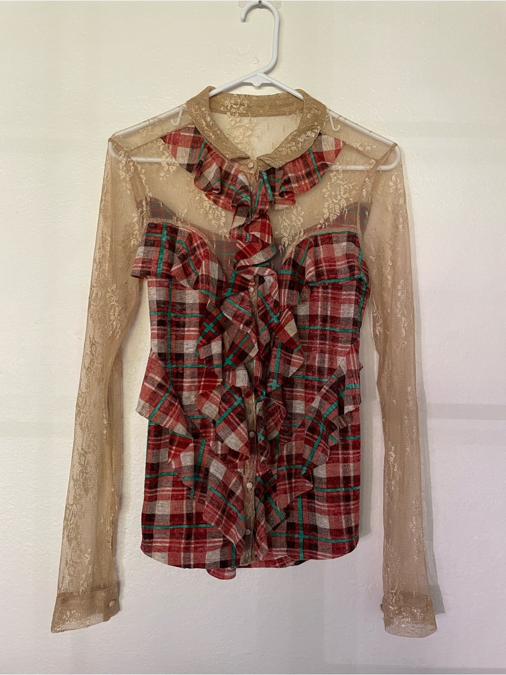 Bohemian cowgirl lace and plaid blouse